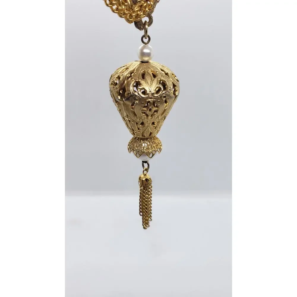 Vtg Pearl Pendant Necklace Tassel Triple Chain Gold Plated 70s Celebrity